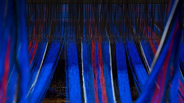 Tartan fabric on a loom in Edinburgh, Scotland