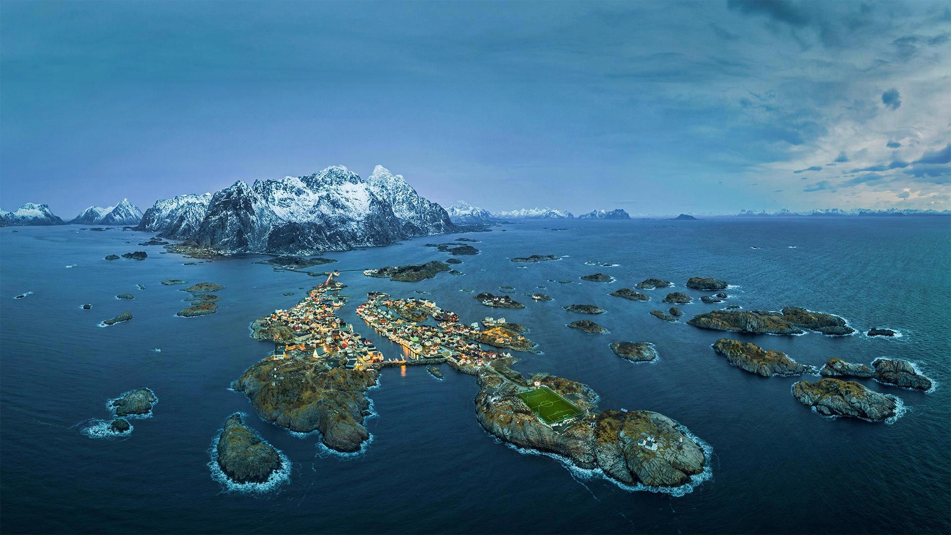 Fishing village of Henningsvær with Henningsvær Idrettslag Stadion, Nordland, Norway