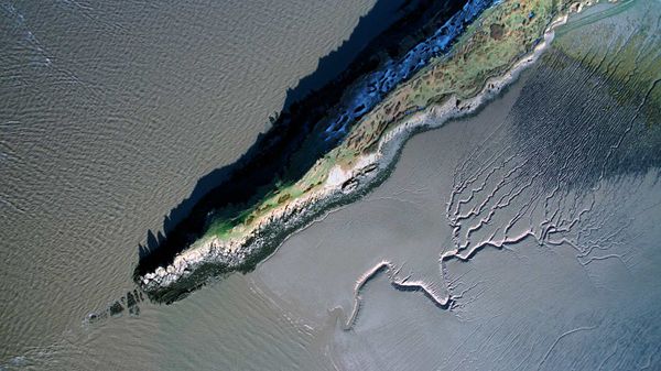 Aerial view of the coastline at Sand Point, Somerset, England