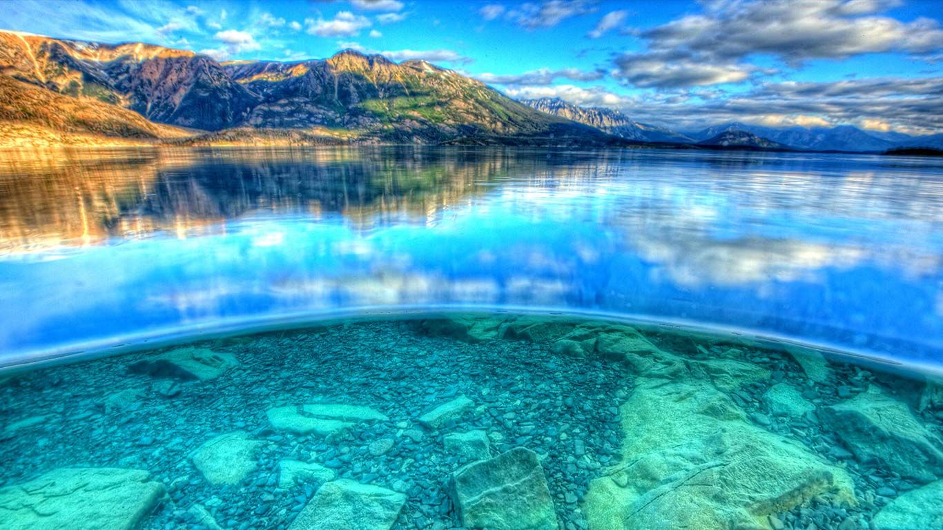 The view above and below water in Atlin Lake, Atlin Lake Provincial Park, British Columbia, Canada