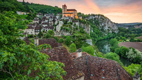 View towards the Church of Saint-Cirq-Lapopie, Lot Valley, south-west France