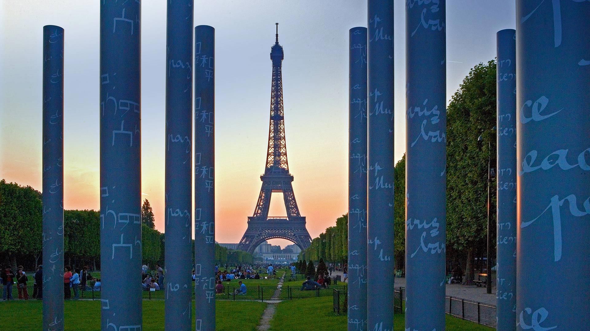 \'The Wall for Peace\' and the Eiffel Tower in Paris for the International Day of Peace