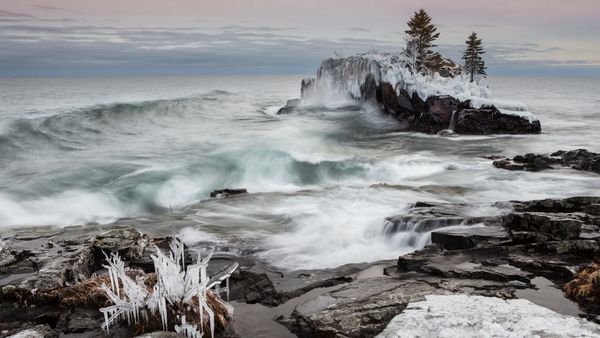 Snow and ice along the shoreline of Lake Superior in winter; Thunder Bay, Ontario