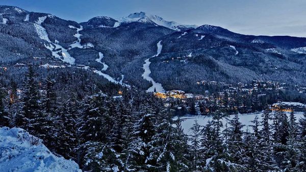 Dusk settles on Whistler Mountain in the creekside, Whistler, B.C.
