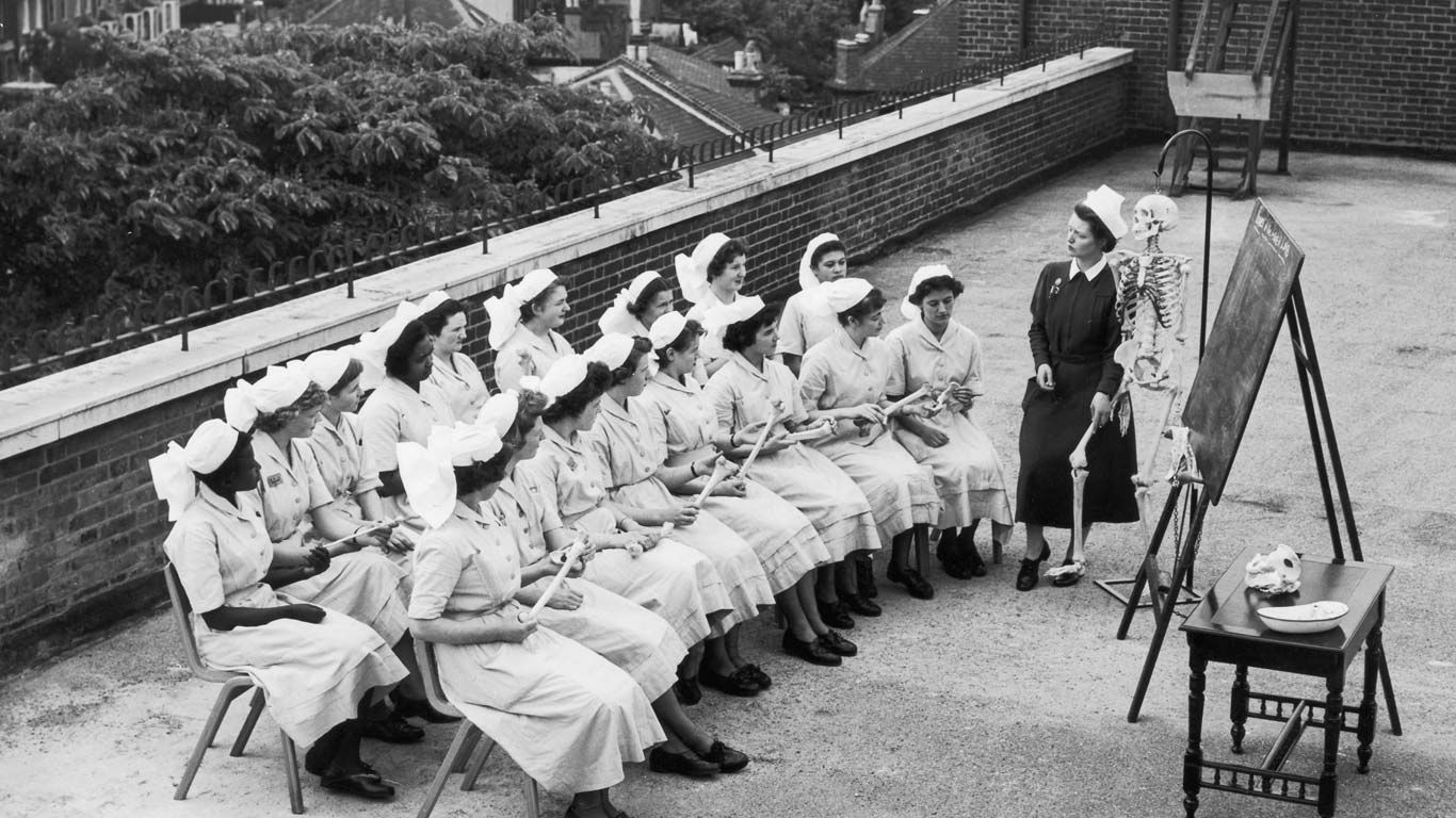 Student nurses at an anatomy class on the roof of St James' Hospital, Balham, London, in 1958
