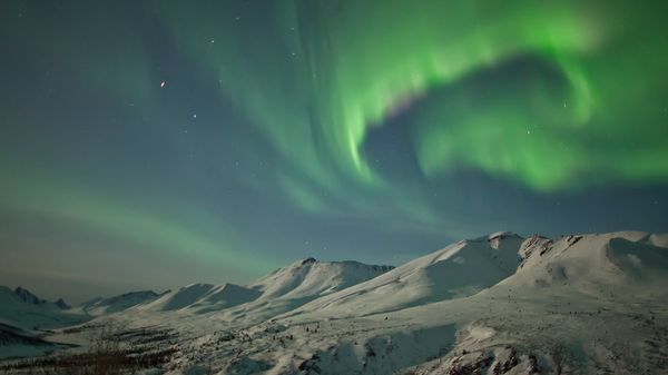 Aurora borealis dances over the Klondike Valley in Tombstone Territorial Park, Yukon