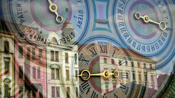 Buildings reflected in the astronomical clock of Olomouc, Czech Republic