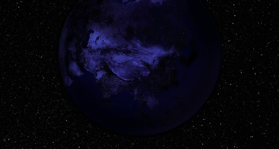 Satellite image of the Earth, centered on Asia, with lights out