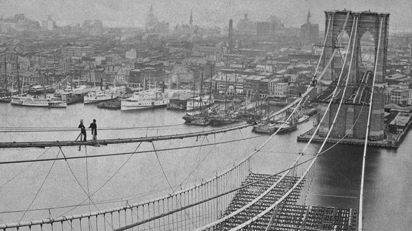 The Brooklyn Bridge under construction in New York, USA, in 1883
