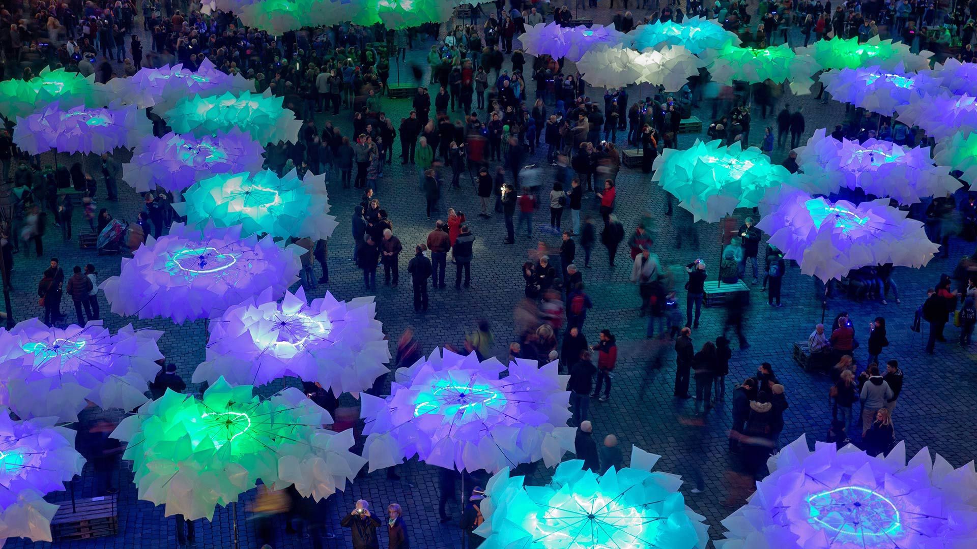 The installation 'Waldplastik' during Blue Night in Nuremberg, Germany