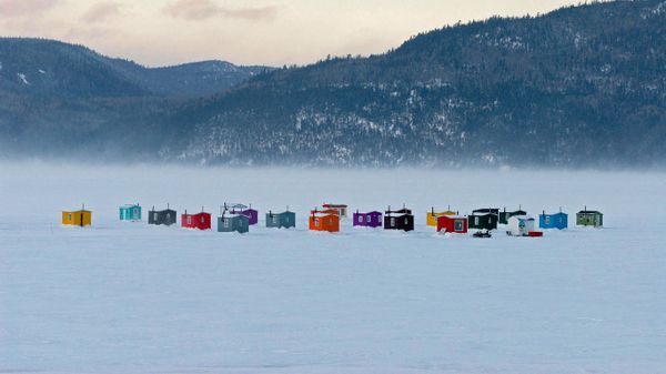 Ice fishing village near L'Anse-Saint-Jean, Quebec, Canada
