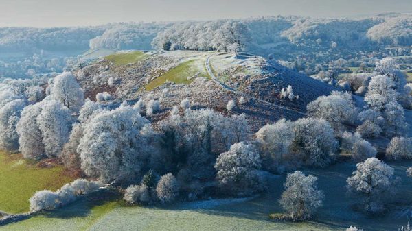 Hoar frost on Downham Hill near Uley, Gloucestershire
