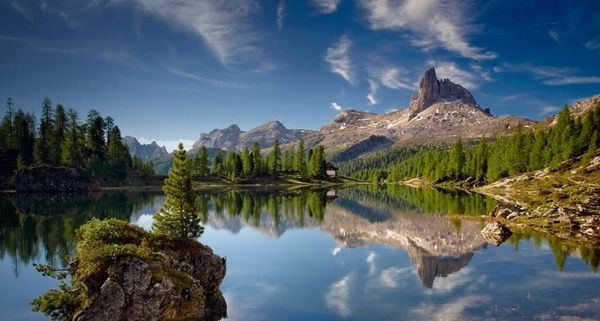 Becco di Mezzodi mountain reflected in Lake Federa in the Dolomite mountains of Italy