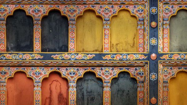 Architectural detail of Rinpung Dzong in Paro, Bhutan