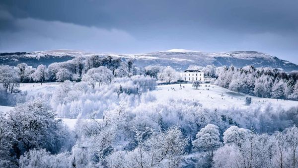 Families play on the snow-covered slopes at Barnett Demesne Park, Belfast