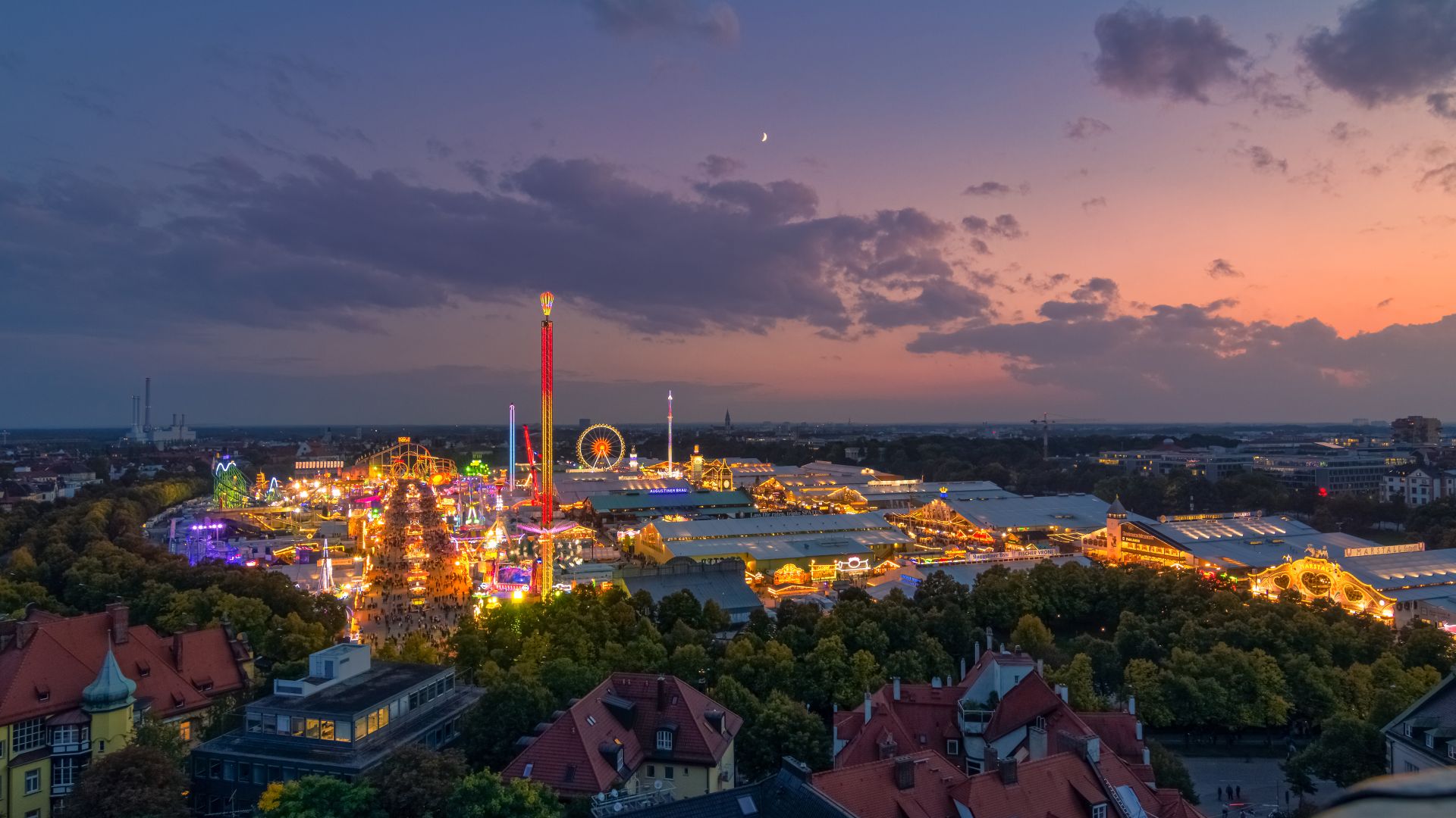 Oktoberfest in Munich from a high view at sunset