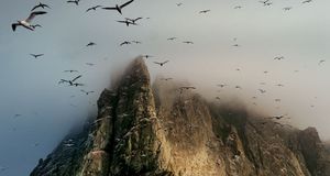 Clouds cover a seabird rookery high on a sea stack cliff on Boreray Island, St. Kilda archipelago, Scotland (© Jim Richardson/Corbis) &copy; (Bing United States)