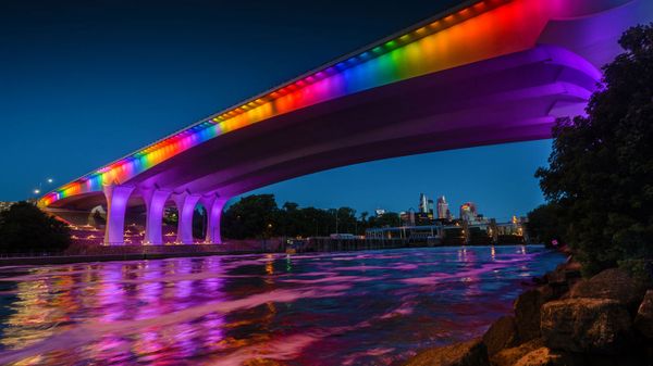 I-35W Bridge over the Mississippi with rainbow colors on Pride weekend, Minneapolis