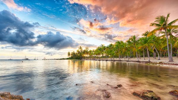 Coucher de soleil sur la plage de l'Anse Champagne à Saint-François, Guadeloupe, Caraïbes