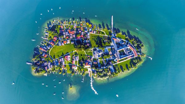 Aerial view of Fraueninsel island in Chiemsee, Bavaria, Germany