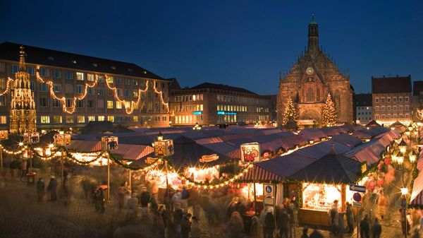 Panoramic view of the Christmas Market in Nuremberg, Bavaria, Germany