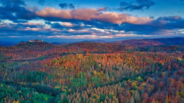 Thuringian Forest in autumn with Wartburg Castle, Germany