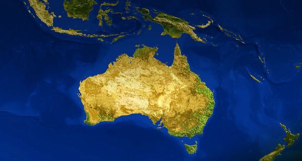 AVHRR natural colour satellite image of Australia, Indonesia and New Zealand with shaded topographic relief
