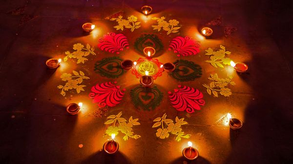 Rangoli and lamps during Diwali festival in India