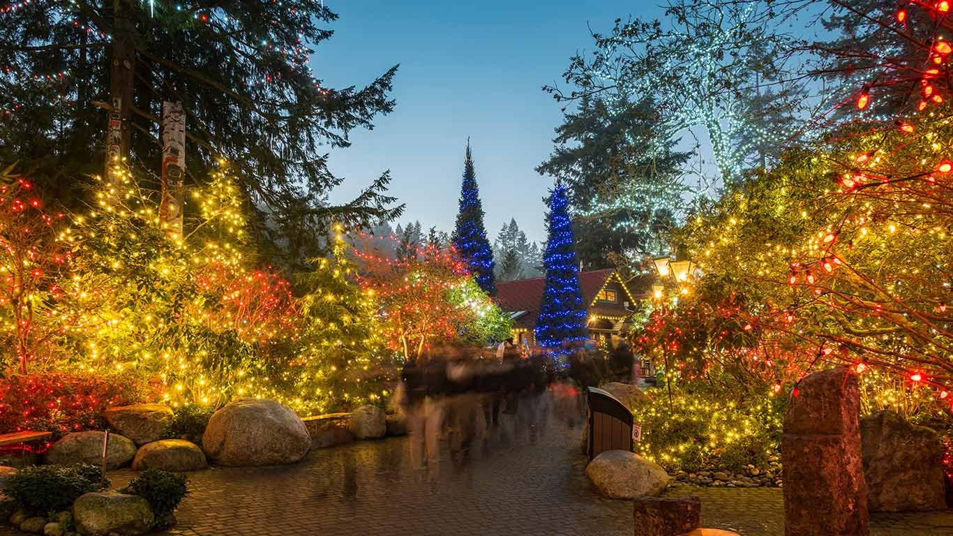 Capilano Suspension Bridge Park decorated with Christmas lights, Vancouver