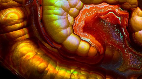Close-up view of a fire agate gemstone