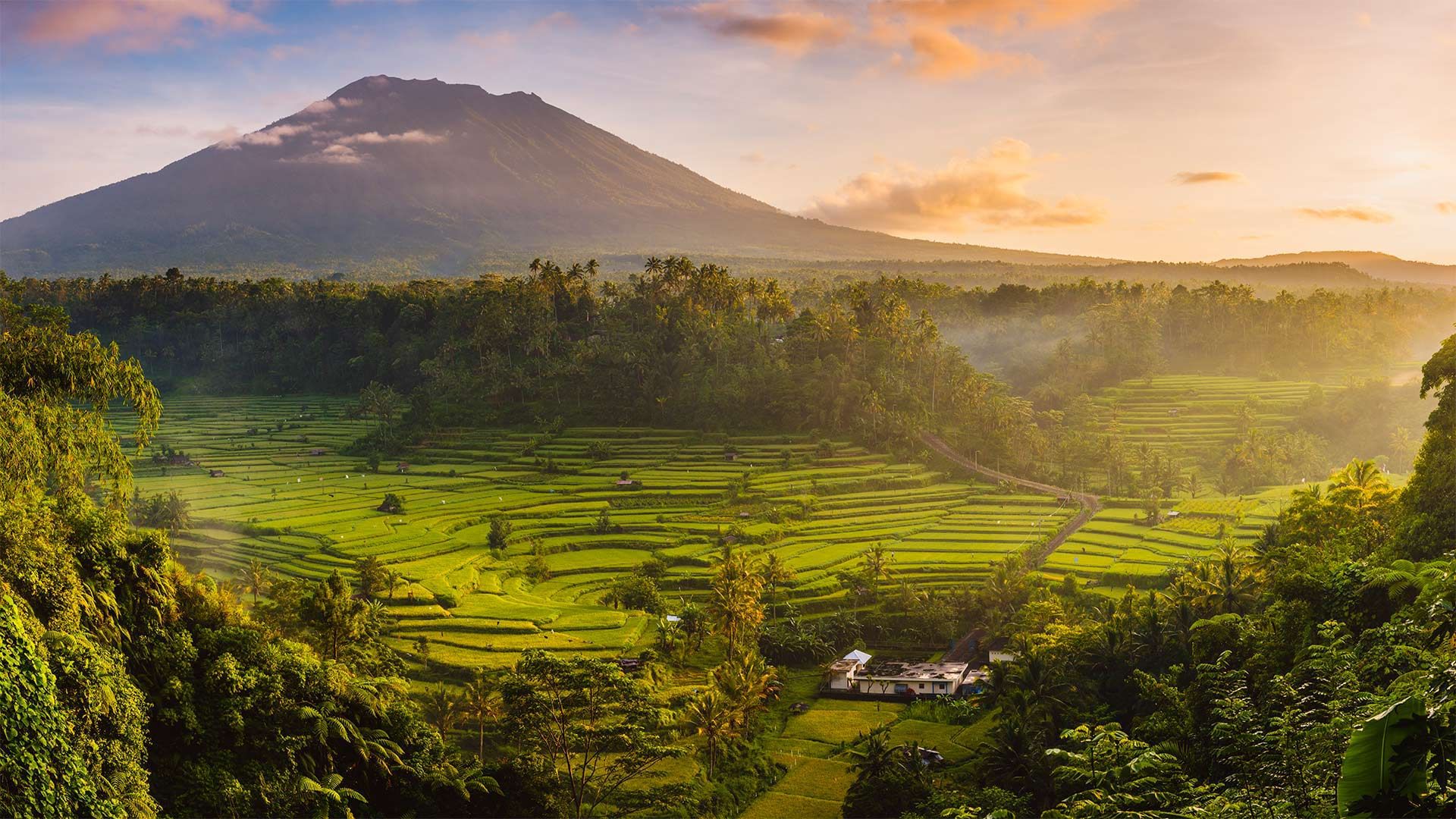 Rice fields in the Sidemen Valley and Mount Agung, Bali, Indonesia