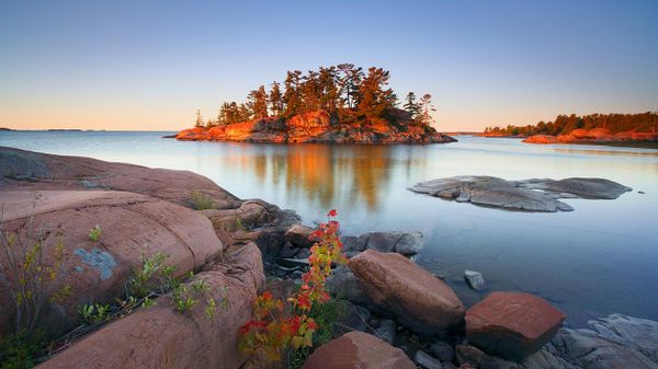 Sunrise at the mouth of the Chikanishing River, Killarney Provincial Park, Ontario, Canada