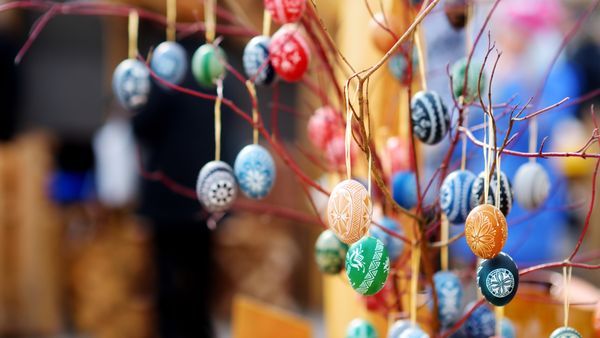 Colourful handmade wooden Easter eggs, Vilnius, Lithuania