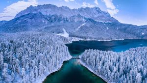 Eibsee lake at the base of Zugspitze mountain, Bavaria, Germany (© Marc Hohenleitner/Huber/eStock Photo)(Bing Australia)