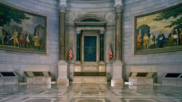The US Constitution and the Declaration of Independence on display in the National Archives, Washington, DC