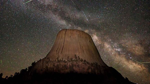 The Eta Aquarids meteor shower over Devils Tower in Wyoming