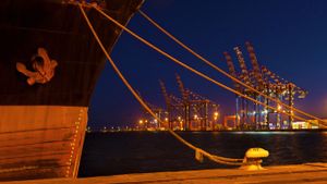 夜色下停靠在开普敦港口的轮船，南非开普敦 (© Zero Creatives/Science Photo Library)(Bing China)