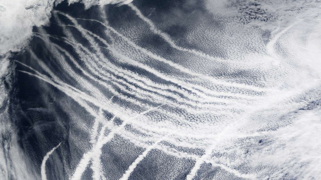Ship tracks over the Pacific Ocean made visible by the clouds that form around the particles in a ship's exhaust