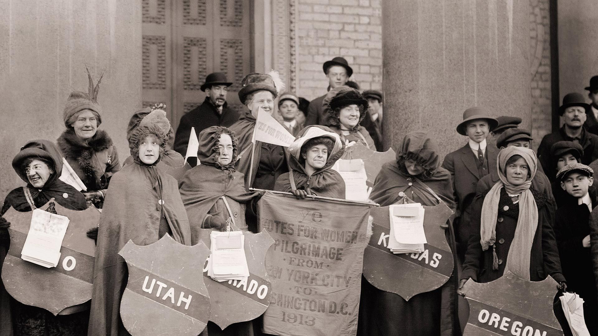 Women\'s suffragists who walked from New York City to Washington, DC, to join the National American Woman Suffrage Association parade on March 3, 1913
