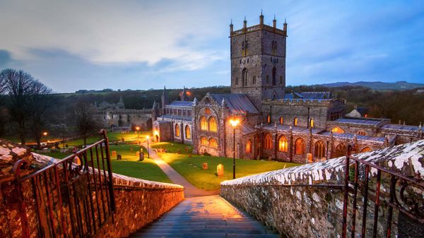 Steps down to St David's Cathedral in St Davids, Pembrokeshire, Wales