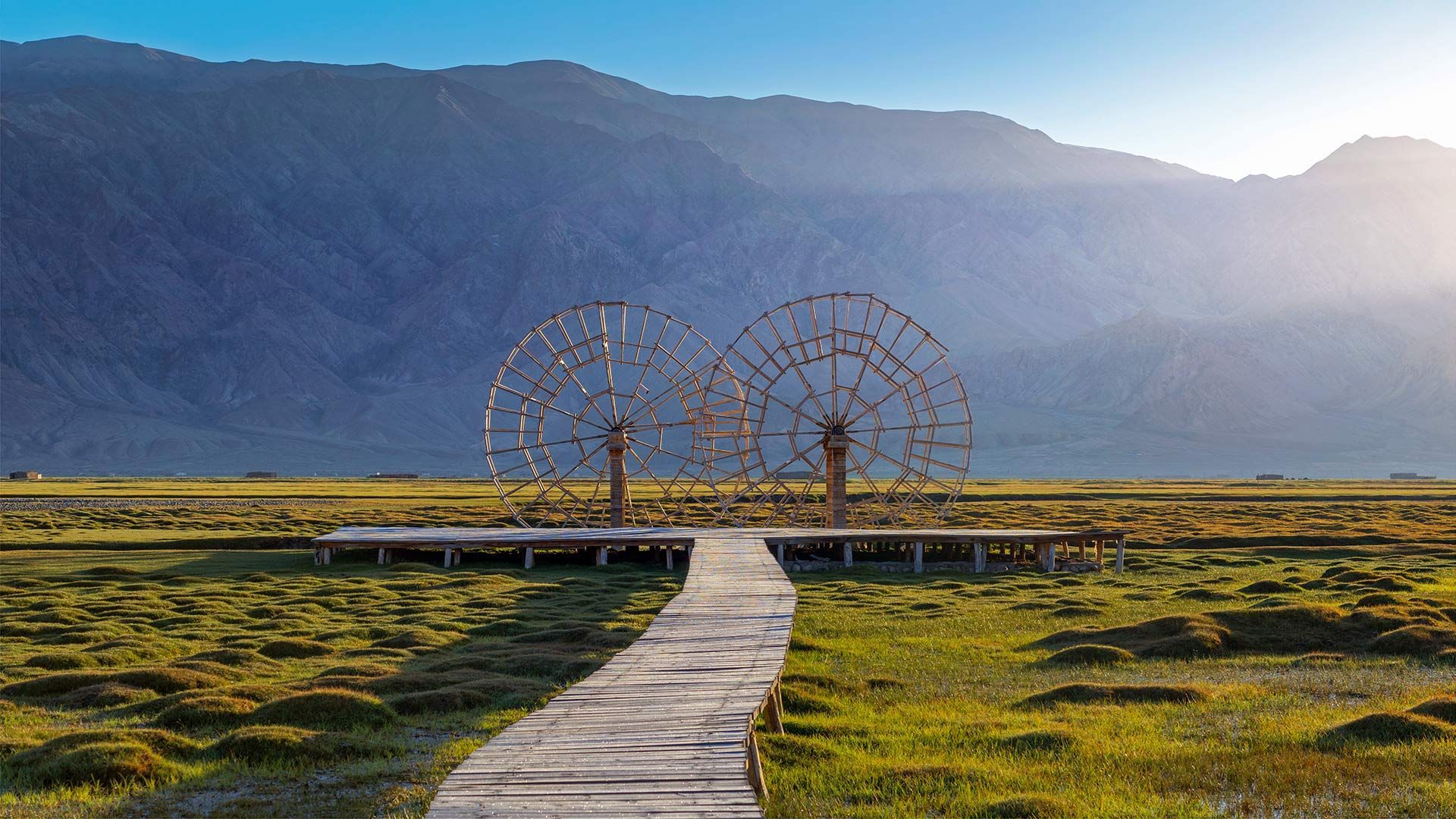 Water wheels in the Tashkurgan Grassland, Tashkurgan Tajik Autonomous County, Xinjiang, China