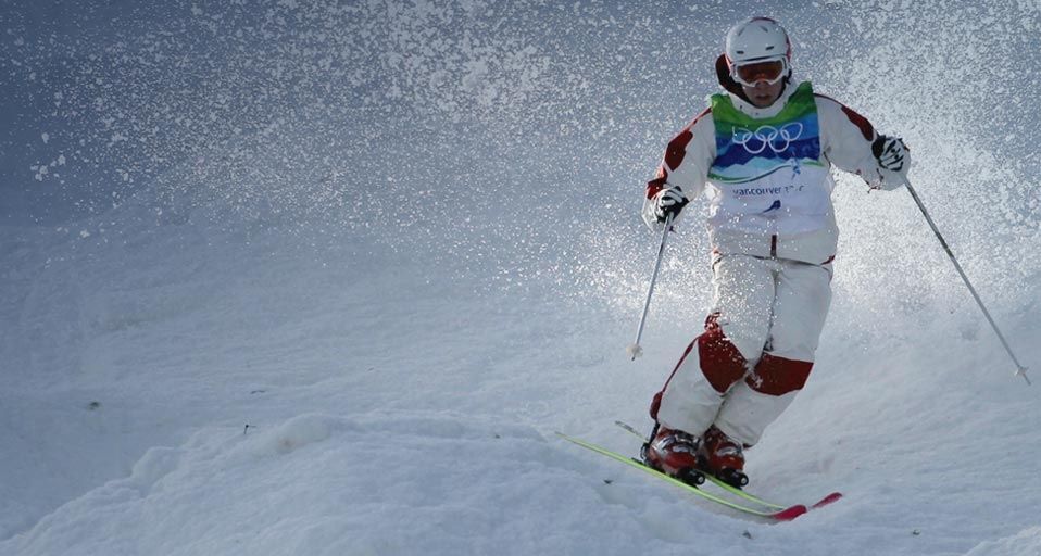 Alexandre Bilodeau of Canada during the Freestyle Skiing Men's Moguls at the 2010 Winter Olympics on February 14th 2010.