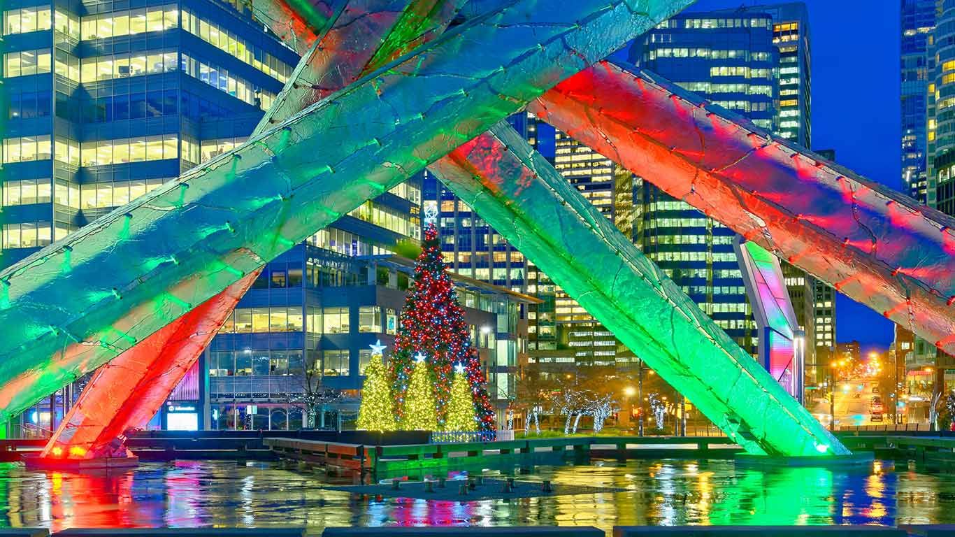 Olympic Cauldron and Christmas trees, Jack Poole Plaza, Vancouver, B.C.