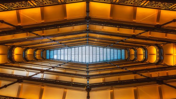 The eight-story open atrium of Milwaukee City Hall, Wisconsin, USA