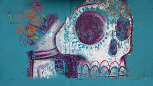 Mural of sugar skull (calavera) in Oaxaca, Mexico