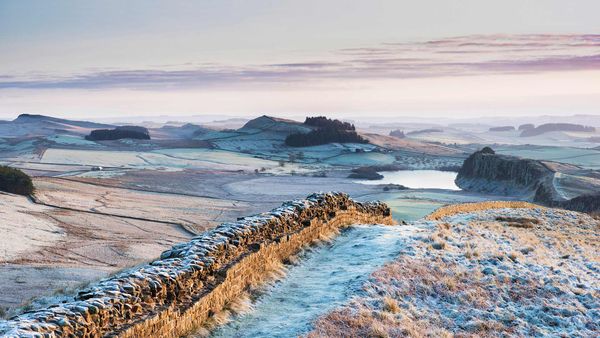 Frosty morning at Hadrian\'s Wall on Winshields Crags, looking towards Crag Lough in Northumberland