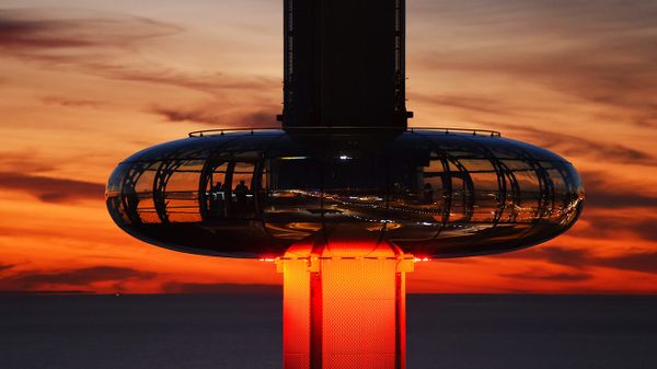 The British Airways i360 tower at dusk on the seafront of Brighton