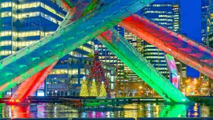 Olympic Cauldron and Christmas trees, Jack Poole Plaza, Vancouver, B.C. (© Michael Wheatley/Alamy Stock Photo)(Bing Canada)