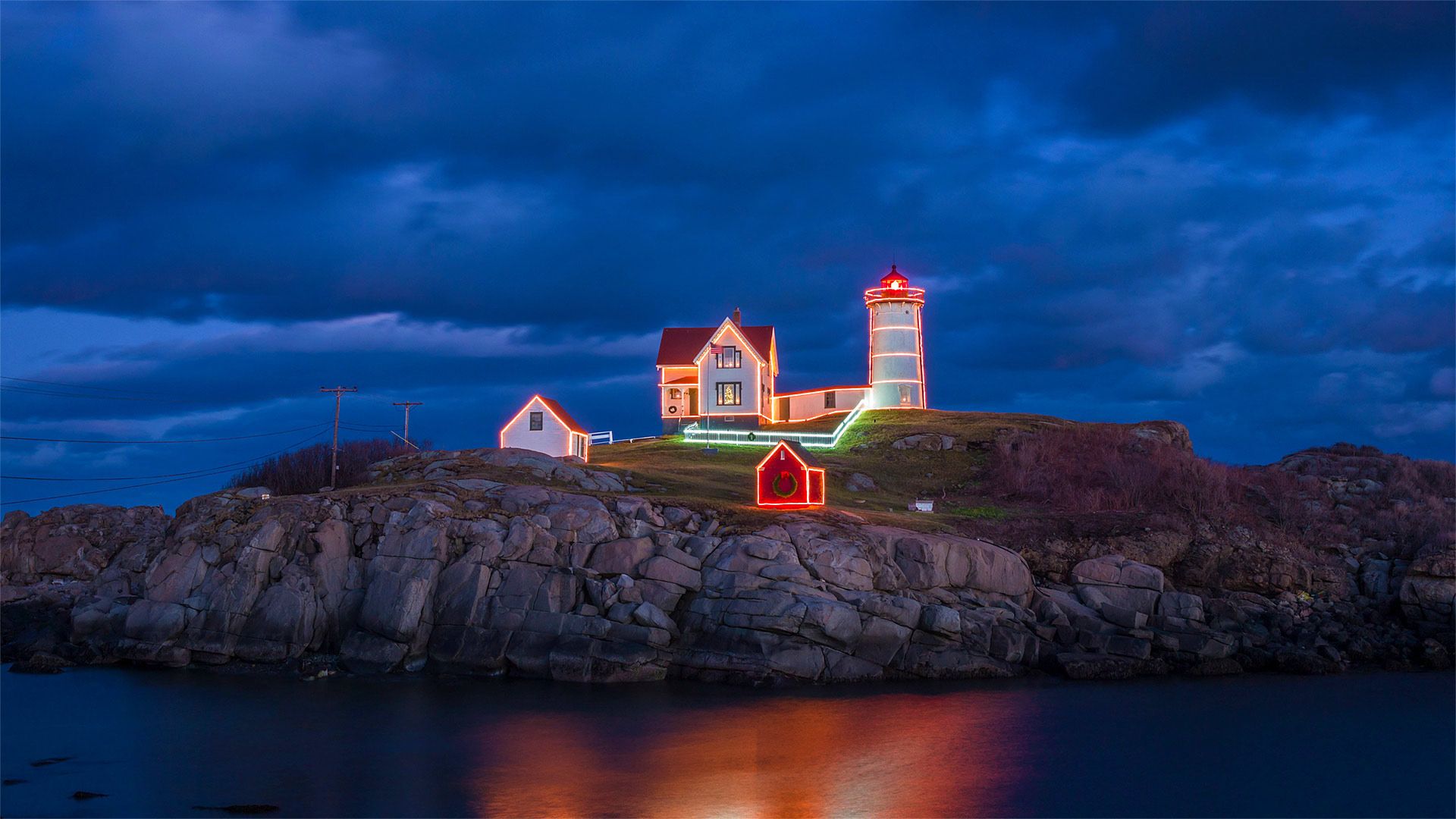 Holiday lights on Cape Neddick Light in York, Maine