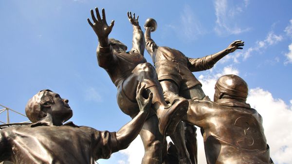 Rugby line-out sculpture outside Twickenham Stadium, London, England